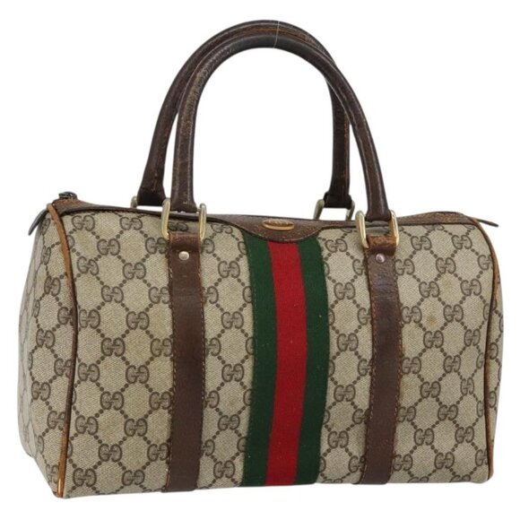 GUCCI GG Supreme Web Sherry Line Boston Bag PVC Beige Gold Auth 144221 - Picture 1 of 16